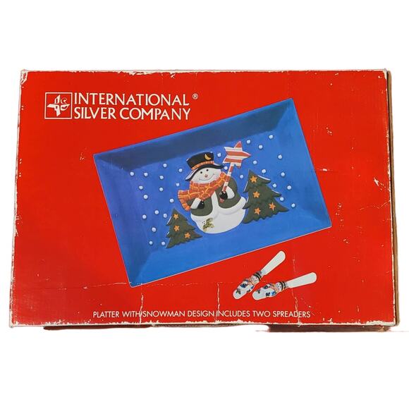 International Silver Co Ceramic Snack Snowman Platter w 2 Spreaders Christmas - Picture 8 of 8